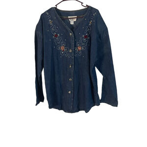 Miss & Mrs One Size Vintage Denim‎ Floral Western Button Up Denim Shirt